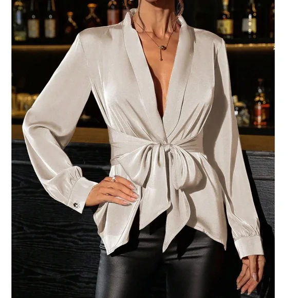 COPY - Luxe Satin Plunging Neck belted Long Sleeve Blouse - Picture 3 of 7